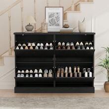 Space-Saving Shoe Cabinet Organizer With 4 Flip-Down Drawers & Adjustable Shelves, Narrow Freestanding Wooden Storage For Entryway Hallway - màu đen - Xem 2