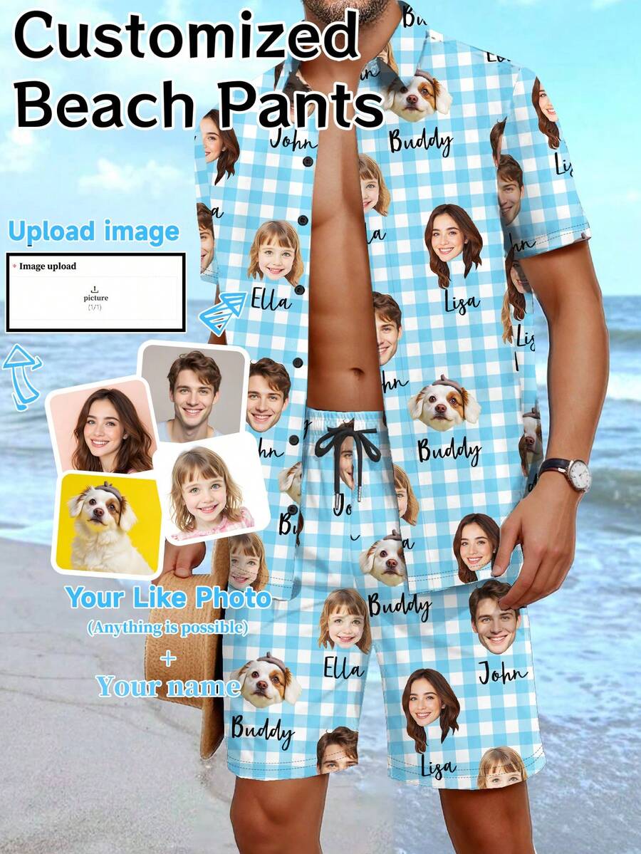 Set Kemeja dan Celana Pendek Liburan Hawaii Kustom untuk Pria, Dipersonalisasi dengan Potret, untuk Pacar, Teman, Ulang Tahun Anak, Hari Jadi, Liburan - MultiWarna - View 1