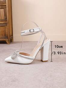 Elegant Women's Pointed Toe Solid Color High Heel Pumps, Fashion Rhinestone Bow Sexy Rhinestone Strap Shoes - White - View 3