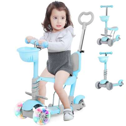 3 Wheel Kids Toddler Scooter For Age 3-8, Kick Scooter With LED Flashing Light Up Wheels, Removable Seat & Adjustable Handlebar, Lightweight Scooters For Toddlers Children Boys And Girls, Baby Blue