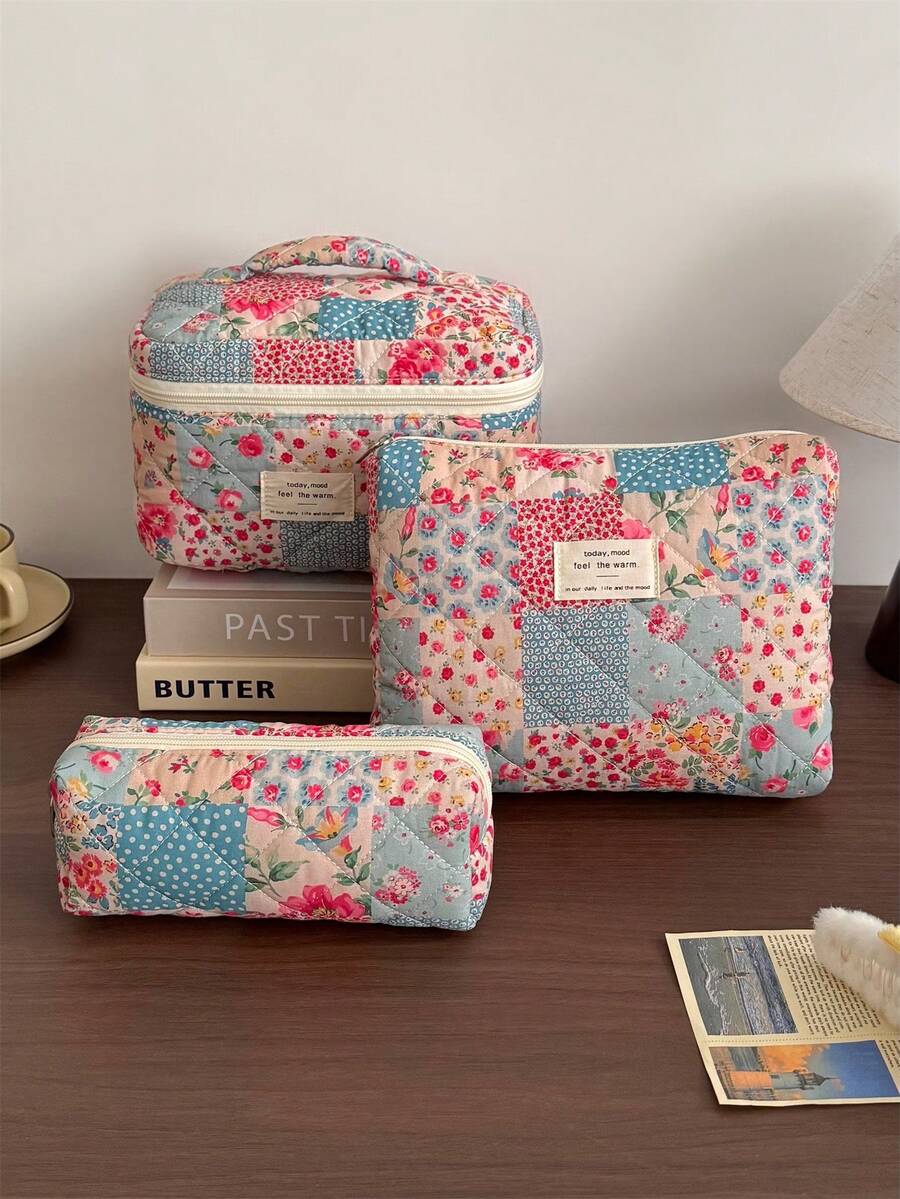 Vintage Elegant Patchwork Pattern Cosmetic Bag Set, Fashion Large Capacity Multi-Compartment Handbag, Multifunctional Travel Organizer Pouch, Storage Bag For Cosmetics, Makeup Tools, Etc., Holiday Gift,Pouch,Makeup Pouch,Travel Essential - Multicolor - View 1