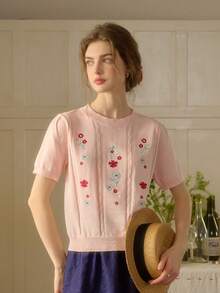 Simple Retro Women's Spring And Summer Embroidery Collision Round Neck Pink Elegant Retro Temperament Casual Short Sleeve Pullover Sweater Top - Pink - View 2