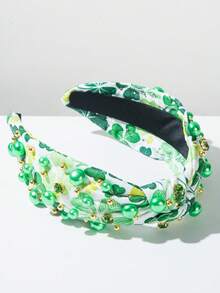 St. Patrick's Day Headband With Printed Clover, Faux Pearls Decor, Holiday Hair Accessory - Big Leaf - View 3