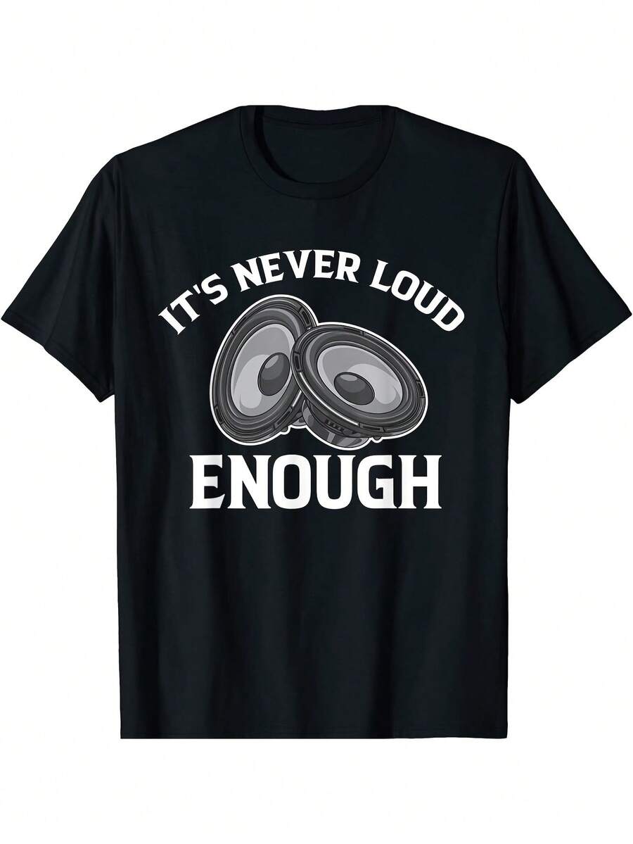 Camiseta para hombre amante de la música: eslogan "It's Never Loud Enough" y gráfico de altavoz, camiseta informal negra de cuello redondo y manga corta para ropa informal, atuendo de primavera y otoño, cuello redondo de corte regular, música - Negro 8 - Ver 1