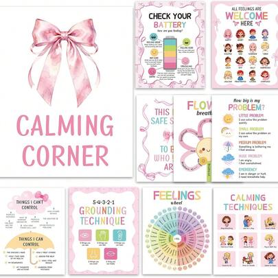 10 Calming Corner Posters, Feelings Chart For Kids, Calm Down Corner Mental Health Posters, Preschool Classroom Educational Poster Emotions Chart Coping Skills,Wall Art Decoration Mood Calming Sticker