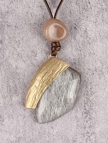 1pc Fashionable Asymmetrical Oval Alloy Resin Inlaid Pendant Necklace, Unique Beaded Choker Necklace, Party Jewelry Gift For Lover On Valentine's Day - Brown Wax Rope - View 2