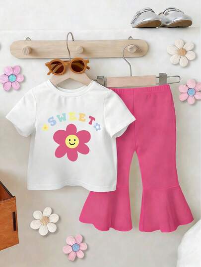 Baby Girl Floral Letter Print Short Sleeve T-Shirt And Flare Pants Casual Outfit