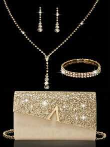 Elegant Evening Clutch, Shimmering A-Line Diamond Flap Envelope Clutch, With Sparkling Rhinestone Jewelry Three Pieces Set, Elegant Evening Clutch, Ladies' Ball Handbag, Ladies' Wedding Evening Bag, Party Handbag, Metal Chain Handbag, Wedding Party Handbag, New Cocktail Party Wedding Wallet Evening Clutch, Wedding Items - Gold - View 10
