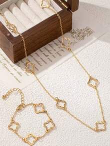 1件/2件装时尚四叶草不锈钢项链手链首饰套装，优雅百搭，适合女性、派对、日常休闲佩戴，也是情人节送给女性的绝佳礼物。 - 四葉草首飾 - 查看 3