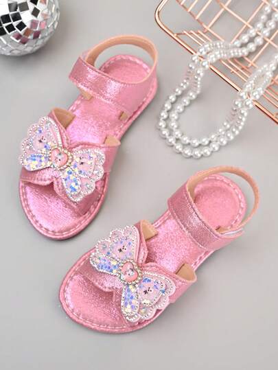 A Pair Of 2026 New-Style Girls' Glittering Sequined Flower-Shaped Rhinestone Anti-Slip Slip-On Low-Heeled Flat Sandals | Suitable For Birthday Parties / Class Get-Togethers / Parent-Child Store Visits
