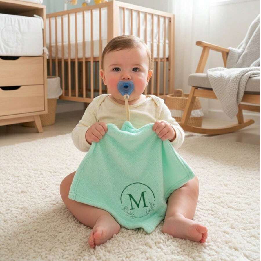 Personalized Baby Blanket With Initial Letter, Pacifier Clip, Small Cloth - Plain Green - View 1