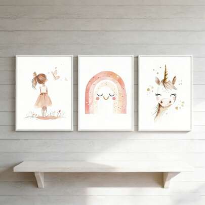 Juego de 3 piezas de arte en lienzo con unicornio y arcoíris soñadores - Ilustraciones acuarela suaves con marcos de madera de pino, decoración de pared minimalista moderna para dormitorio, sala de estar, oficina en casa, póster colorido y lindo para interior/exterior, decoración de habitación de unicornio