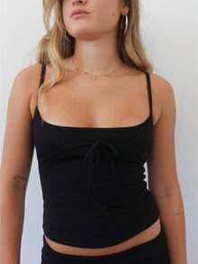 Women's Tie Front Camisole Top Spaghetti Strap Slim Fit Backless Y2K Casual Top - 黑色 - 查看 1