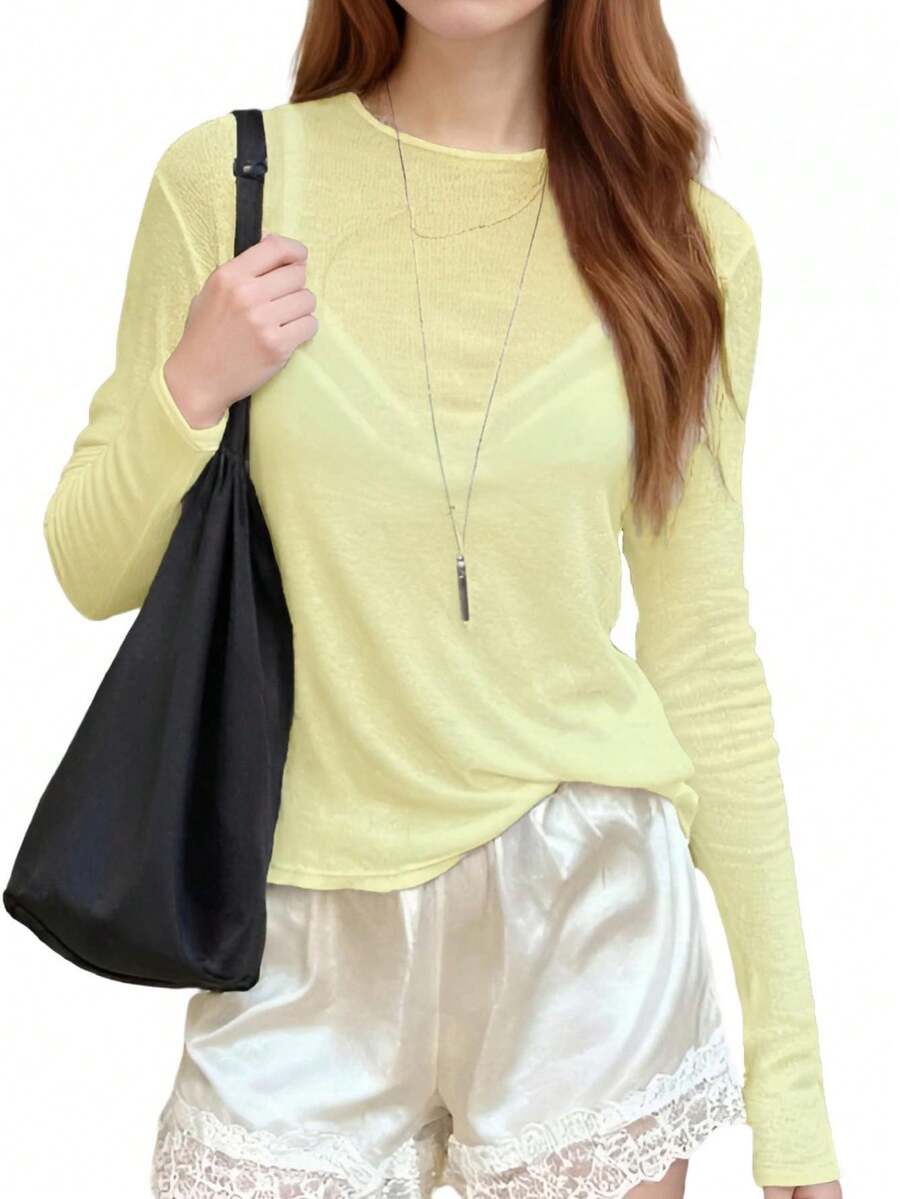 Women's Sheer Ribbed Knit Long Sleeve Top Crew Neck Lightweight Casual Pullover Base Layer Shirts - Yellow - View 1