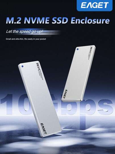 EAGET 6mm NVMe M.2 SSD 硬盘盒，支持 10Gbps 输出。它仅支持 NVMe 协议，不支持 SATA (NGFF) 协议。它采用 USB 3.2 Gen 2 转 NVMe PCI-E 接口，兼容 2230/ 2242/ 2260/ 2280 SSD。