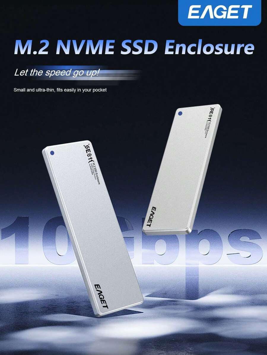 EAGET 6mm NVMe M.2 SSD 外置硬盘盒，支持 10Gbps 输出。仅支持 NVMe 协议，不支持 SATA (NGFF) 协议。采用 USB 3.2 Gen 2 转 NVMe PCI-E 接口，适用于 2230/2242/2260/2280 SSD。