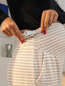 Pantalones rectos de maternidad con rayas elásticas, con cintura ajustable para soporte de vientre, con abertura en el bajo, pantalones anchos para uso diario en casa y al aire libre en verano - Albaricoque - Ver 4