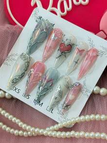 10 PCS Handmade Y2K Hot Girl Mermaid Iridescent Press On Nails, Liquid Metal Sparkly Stiletto Nails - Màu Hồng baby - Xem 1