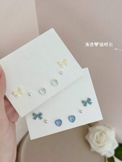 Colorful Cat Eye Stone Heart & Bow Earrings Set, Sweet
