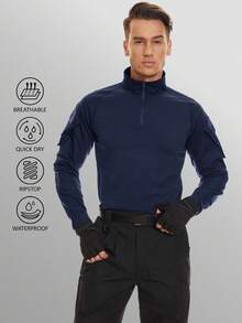 KEFITEVD Men's Tactical Shirt Long Sleeve Combat Shirt 1/4 Zip With Pockets Military Paintball Airsoft Breathable - Màu xanh hải quân - Xem 2