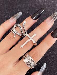 Set de 3 anillos con diseño de calavera y serpiente estilo punk, anillos personalizados de moda para mujer - Plata antigua - Ver 10