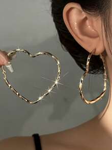 2Pcs Women's Fashion Heart Twist Design Hoop Earrings Minimalist Elegant Style For Daily Wear Party Valentine's Day Gift Jewelry - Gold - View 6