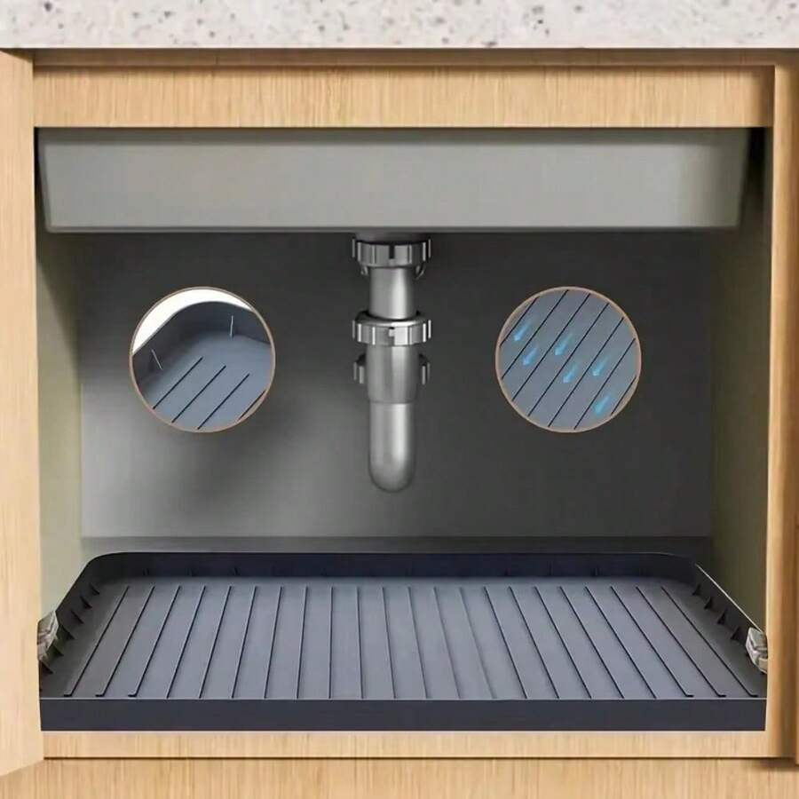 Durable  Under-Sink Mat - Waterproof Drip Tray Liner For Kitchen & Bathroom Cabinets, Easy-Clean Storage Solution - Black - View 1
