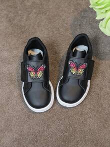 1 Pair Girls Boys Versatile Hook And Loop Comfortable Breathable White Sneakers With Colorful Powder Decoration Patchwork Fashion Flat Shoes Campus Student Casual Style Baby Shoes Running Sports Shoes - Black - View 2