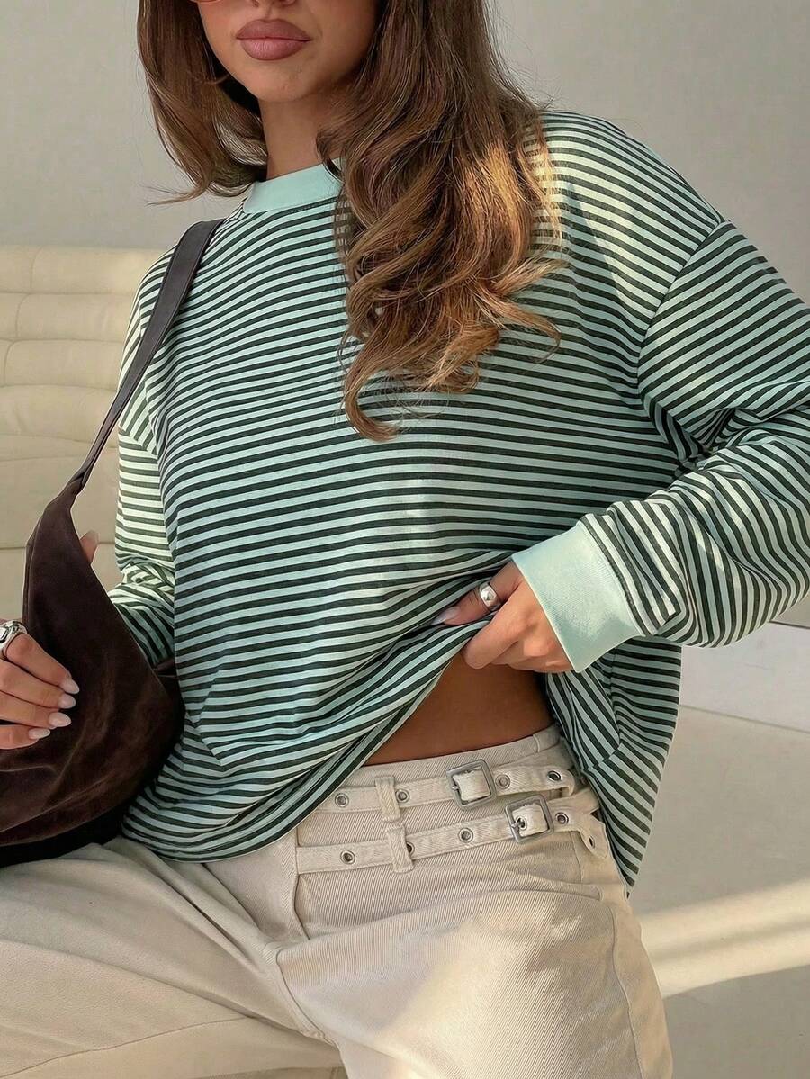 Vaiaye 春夏条纹撞色圆领长袖上衣，简约宽松女式T恤，适合日常穿着和通勤休闲场合 - 綠色 - 查看 1