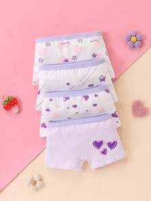 4pcs/Pack Girls' Cute Heart & Star Cartoon Print Briefs, Suitable For All Seasons - Mauve Purple - View 2