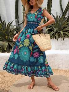 New Autumn Lightweight V-Neck All-Over Cute Leaf & Floral Print Bohemian Casual Pleated Ruffle Hem Waist Splice Maxi Dress, Suitable For Music Festivals, Women's Holidays, Country Music Concerts, Graduation, Parties, Back To School, Teacher's Day, Halloween, Christmas - 藏蓝色 - 查看 6