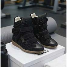 ISAb Parisian-Style Color-Block Retro Suede High-Top Sneakers With Hidden Wedge Heel.Invisible Heel / Internal Wedge.Vibrant Color-Blocking.High-Top - Black - View 5