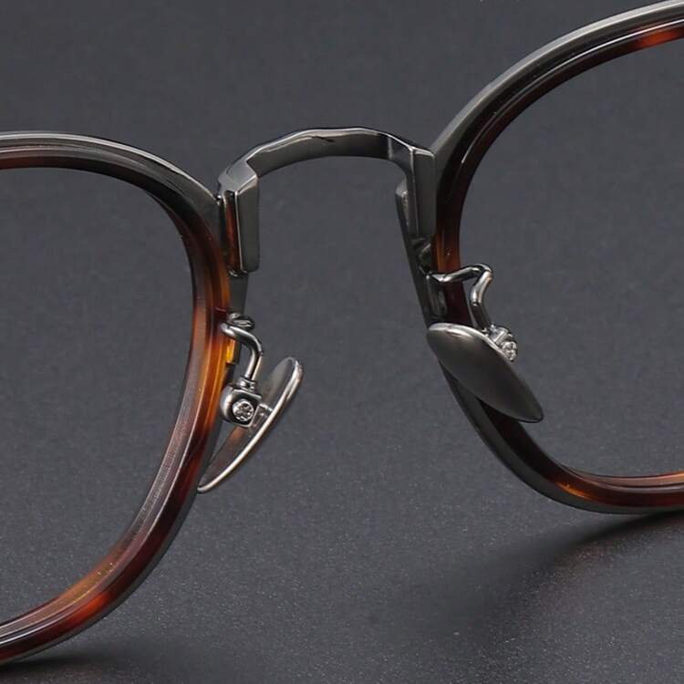 复古纯钛宽框圆形眼镜架，纯色钛金属复古全框男女通用眼镜，适合所有季节 - 槍玳瑁色 - 查看 2