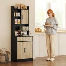 Kitchen Cabinet With Worktop And Cable Management, Modern Kitchen Chest Of Drawers With Drawer, 3 Open Shelves, Natural Wood, Black - Rust Brown - View 7