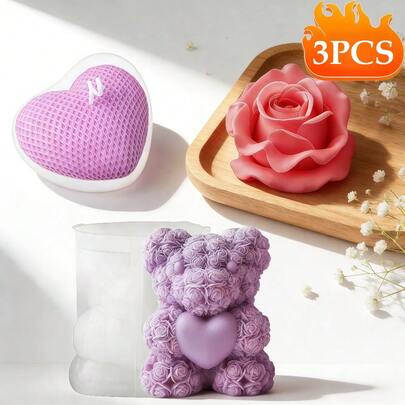 3D玫瑰花心形泰迪熊硅胶蜡烛模具，INS风泰迪熊动物造型硅胶蜡烛/肥皂/树脂工艺模具，DIY手工蜡烛制作材料，适合家居装饰，易脱模可重复使用