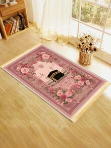 1pc Elegant Floral Prayer Mat - Soft Flannel, Machine Washable, Rectangular Comfort Mat With Golden-Lit Mosque Design For Indoor - Multicolor - View 2