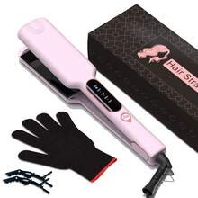 1pc Wide Plate Hair Straightener, PTC Heating, LED Light, One-Click Straightening Clamp, Comes With 1 Glove And 2 Hair Clips - Purple - View 6