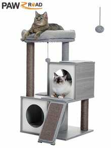 PAWZ Road Árbol para gatos de 89 cm, torre para gatos con cuevas dobles, percha extraíble y espaciosa, postes rascadores totalmente envueltos en sisal, bolas colgantes intercambiables, color gris - Gris - Ver 9