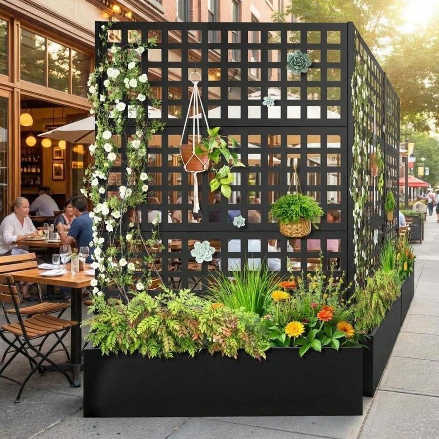 Mampara de privacidad con jardinera, 183 cm de alto x 120 cm de ancho. Mampara de privacidad para exteriores de 3 paneles, jardinera de jardín con enrejado para plantas trepadoras, vegetales y enredaderas. - Negro - Ver 1