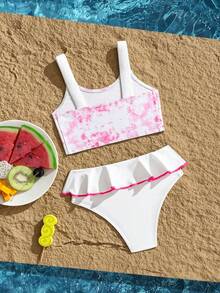 Young Girl Tie-Dye Print Patchwork Ruffle Hem Swimsuit Set - Red and White - View 6