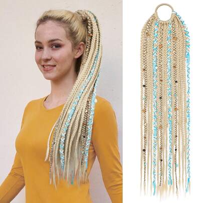 15pcs Bohemian Style Braided Ponytail Holders, 20-Inch Long Viking Braid Hair Extensions With Hair Ties, Lightweight Natural Synthetic Hair Pieces, Suitable For Festivals, Costume Parties