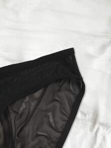 Men's Solid Color Sexy Semi-Sheer Mesh Breathable Comfortable Daily Pouch Bow Decor Thong Underwear, Matching Tie & Collar - Black - View 4