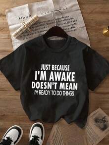 Plus Size Women "I'm Awake But Not Ready To Adult" Casual Round Neck Short Sleeve T-Shirt, Suitable For Spring, Summer, Autumn, Valentine's Day/Back To School Season - Black - View 1