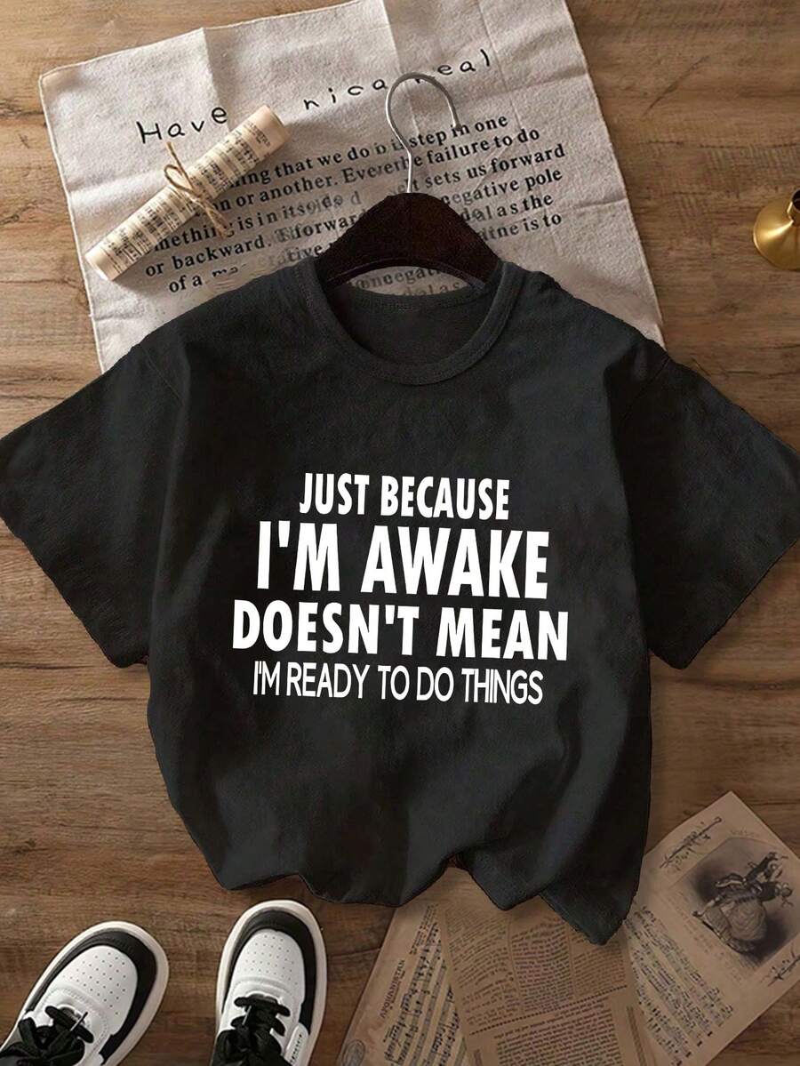 Plus Size Women "I'm Awake But Not Ready To Adult" Casual Round Neck Short Sleeve T-Shirt, Suitable For Spring, Summer, Autumn, Valentine's Day/Back To School Season - Black - View 1