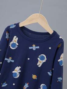 2 piezas Conjunto de pijama ligero para niños, parte superior de manga larga y pantalones con estampado de astronauta de dibujos animados, ropa de estar en casa casual - Multicolor - Ver 3