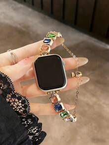 1pc Women's Colorful Gemstone & Rhinestone Bracelet Band, Metal Strap Fits 38/40/41/42/44/45/46/49mm, Compatible With Apple Watch Ultra/SE/Series 10/9/8/7/6/5/4/3/2/1 Bands - Gold Color Adjustable - View 3