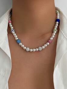 1pc Hip-Hop Style Faux Pearl Studded Crystal Beaded Necklace, Retro Rock Design, Versatile Street Style Necklace Gift For Men - Necklace - View 2