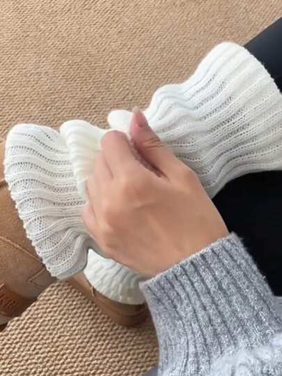 1Pair Women's White Knitted Slouchy Leg Warmers, Y2k Cozy Boot Cuffs For Winter & Snow Boots
