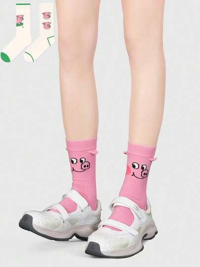 3 Pairs Of Cute And Funny Pig Mid-Calf Socks For Casual Sports.