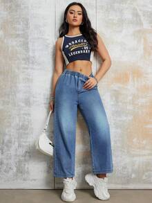 Women's Casual Wide Leg Cropped Pants, Straight Leg, Elastic Waistband, Non-Stretch Material, Solid Color, Suitable For All Seasons, Woven - Blue - View 4